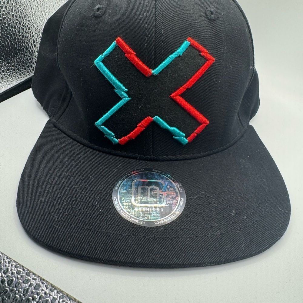 Black Hat with Red and Blue X Design